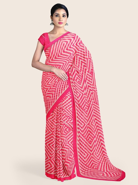 

Pothys Pink & White Geometric Printed Poly Chiffon Saree