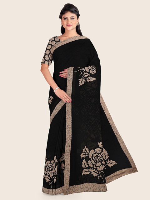 

Pothys Black & Gold Floral Printed Poly Chiffon Saree