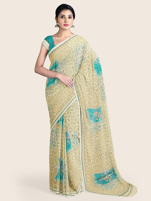 

Pothys Cream-Coloured & Turquoise Blue Chiffon Saree