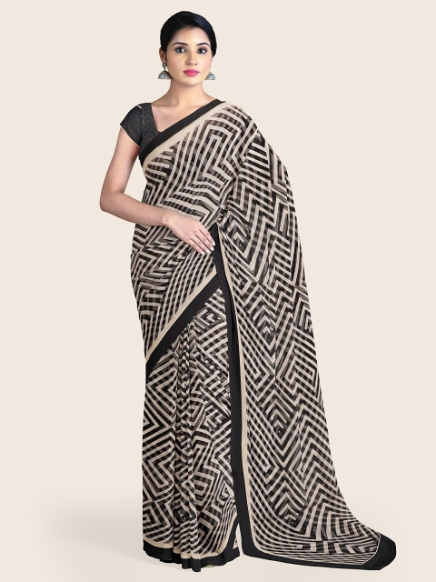 

Pothys Black & White Geometric Printed Poly Chiffon Saree