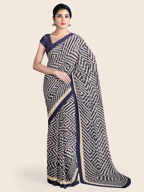 

Pothys Navy Blue & Cream Abstract Printed Poly Chiffon Saree