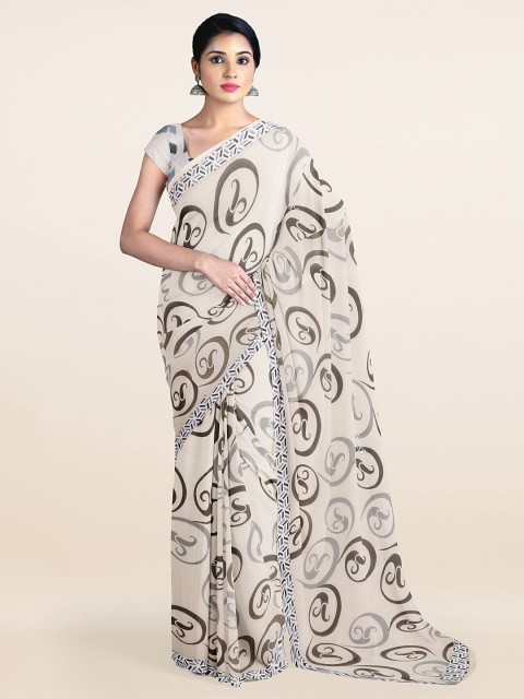 

Pothys White Floral Printed Poly Chiffon Saree