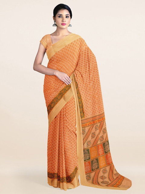 

Pothys Peach-Coloured & Green Floral Printed Saree