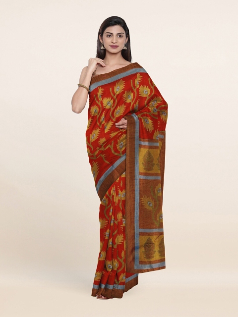 

Pothys Red & Green Floral Printed Poly Chiffon Saree