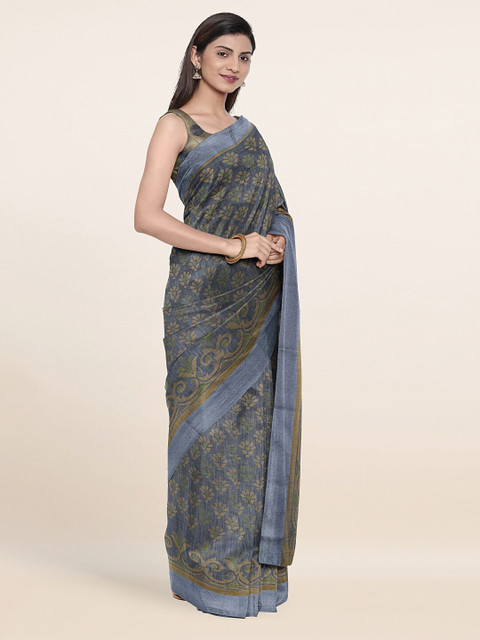

Pothys Grey & Blue Floral Printed Saree