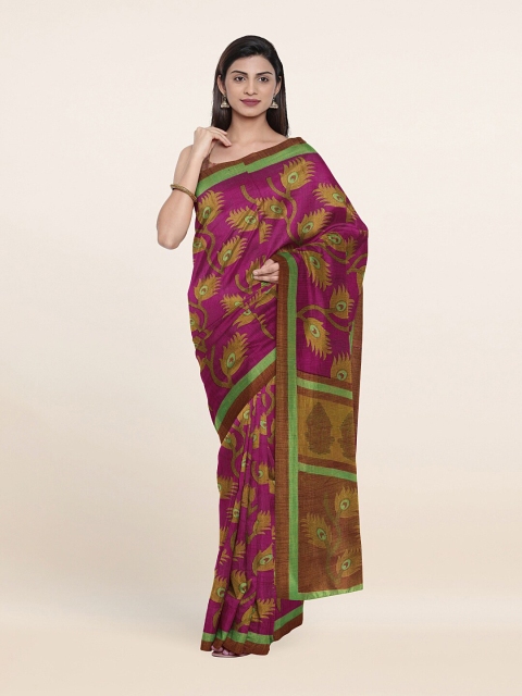 

Pothys Pink & Green Floral Printed Poly Chiffon Saree