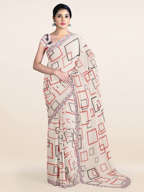 

Pothys Off-White & Red Geometric Printed Saree