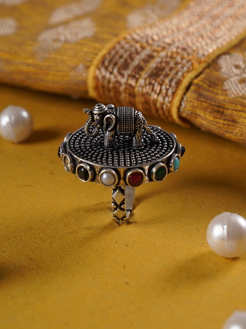 

Shoshaa Silver-Plated Red & White Stone-Studded Finger Ring