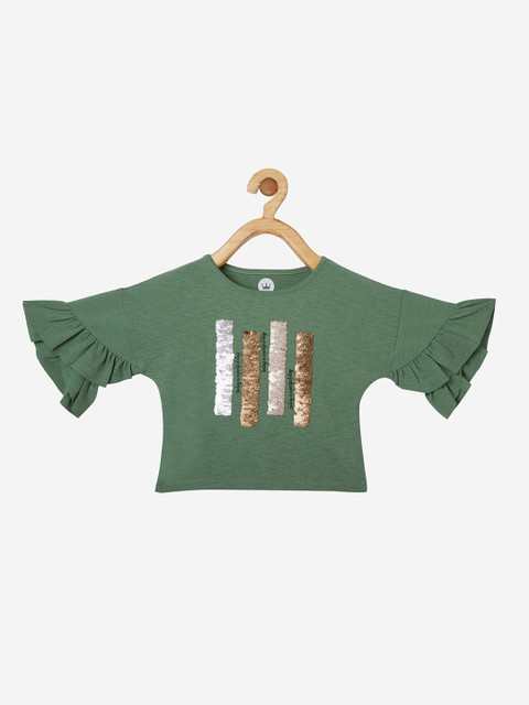 

VITAMINS Green & Silver-Toned Printed Extended Sleeves Crepe Top