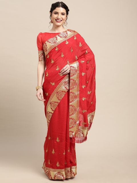 

Mitera Red & Golden Ethnic Motifs Beads and Stones Saree