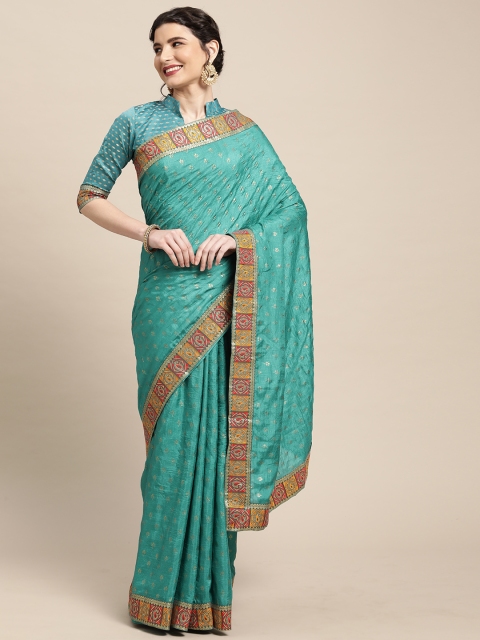 

Mitera Turquoise Blue Floral Foil Printed Banarasi Saree