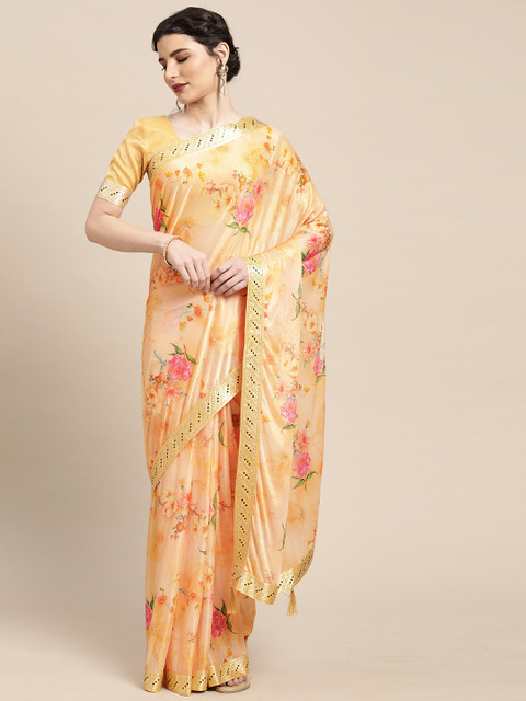 

Mitera Peach-Coloured & Pink Floral Sequined Saree