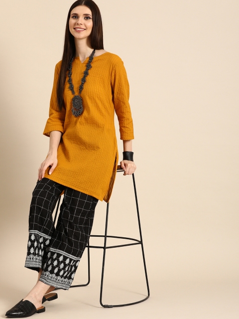 

Anouk Women Mustard Yellow Striped Pure Cotton Straight Kurta