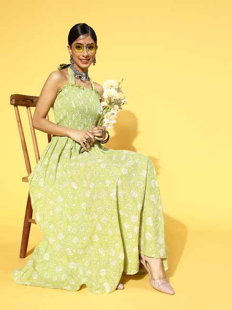 

Prakrti Olive Green & White Floral Halter Neck Maxi Dress
