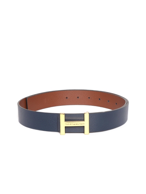

Tommy Hilfiger Men Tan Brown & Navy Blue Saffiano Textured Leather Belt