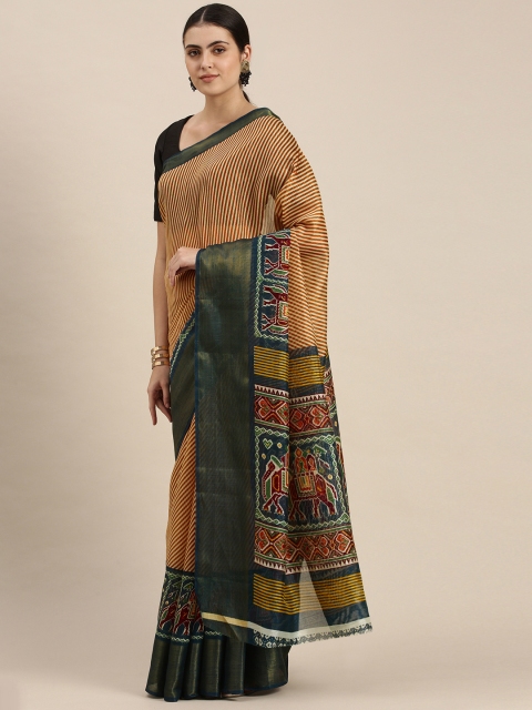 

KALINI Mustard Brown & Off White Striped Art Silk Saree