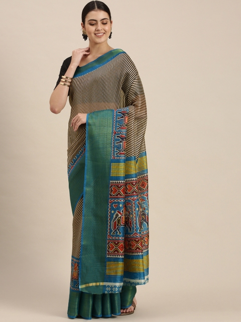 

KALINI Blue & Beige Striped Art Silk Saree