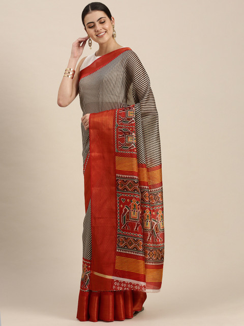 

KALINI Red & Beige Striped Art Silk Saree