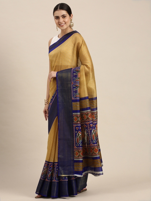 

KALINI Navy Blue & Yellow Striped Art Silk Saree