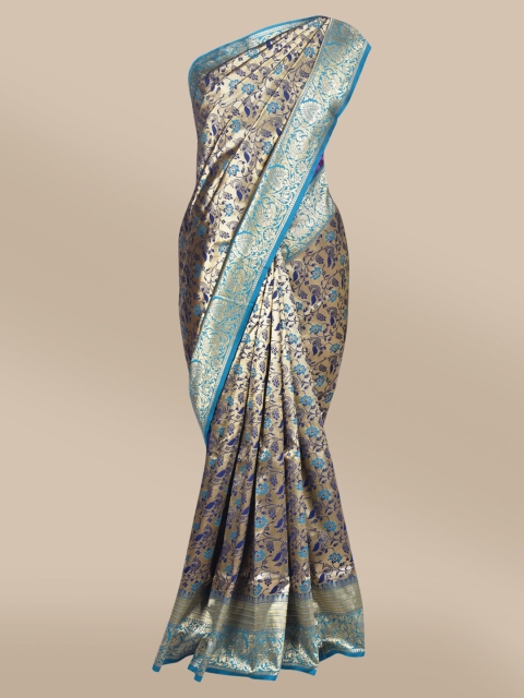 

The Chennai Silks Blue & Gold-Toned Floral Woven Design Art Silk Banarasi Saree