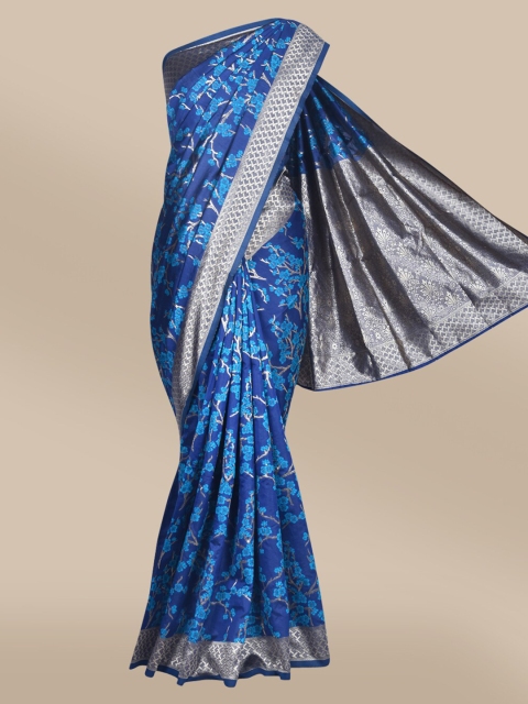 

The Chennai Silks Navy Blue & Silver Floral Zari Art Silk Fusion Banarasi Saree