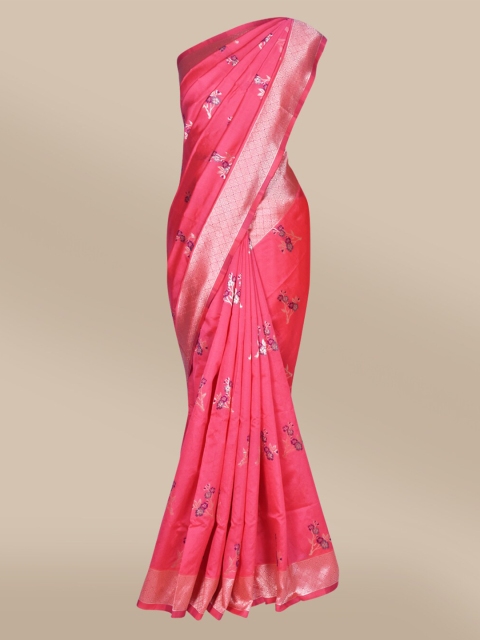 

The Chennai Silks Pink & Silver-Toned Floral Zari Art Silk Fusion Banarasi Saree