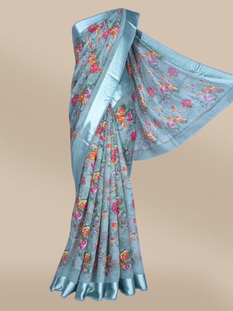 

The Chennai Silks Grey & Blue Floral Fusion Printed Saree
