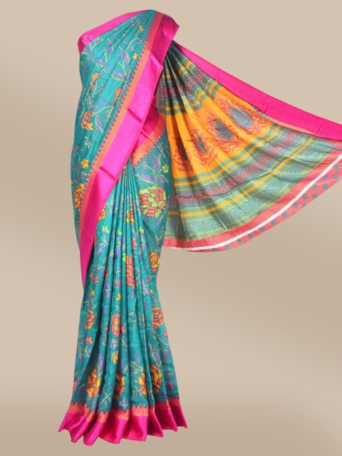 

The Chennai Silks Sea Green & Fuchsia Floral Brasso Fusion Saree