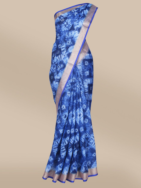 

The Chennai Silks Blue & Silver-Toned Batik Linen Blend Saree