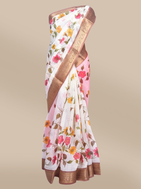 

The Chennai Silks White & Pink Floral Printed Linen Blend Saree