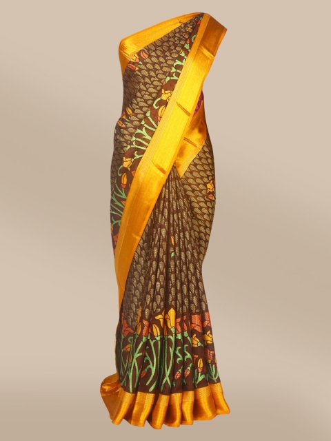 

The Chennai Silks Brown & Gold-Toned Floral Printed Brasso Saree