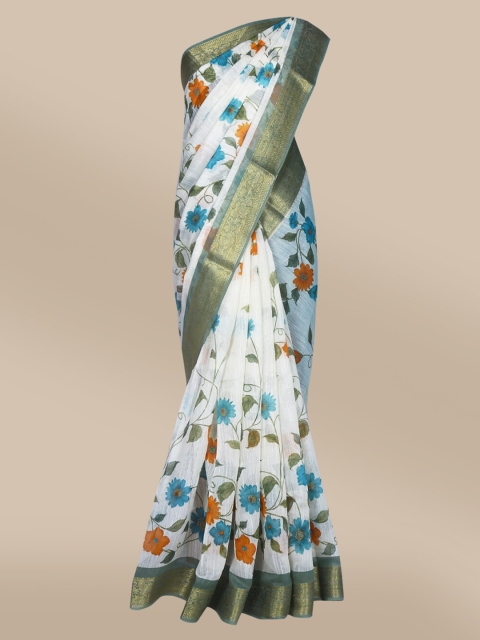 

The Chennai Silks White & Blue Floral Zari Linen Blend Fusion Saree