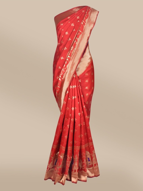 

The Chennai Silks Red & Blue Ethnic Motifs Zari Art Silk Fusion Banarasi Saree