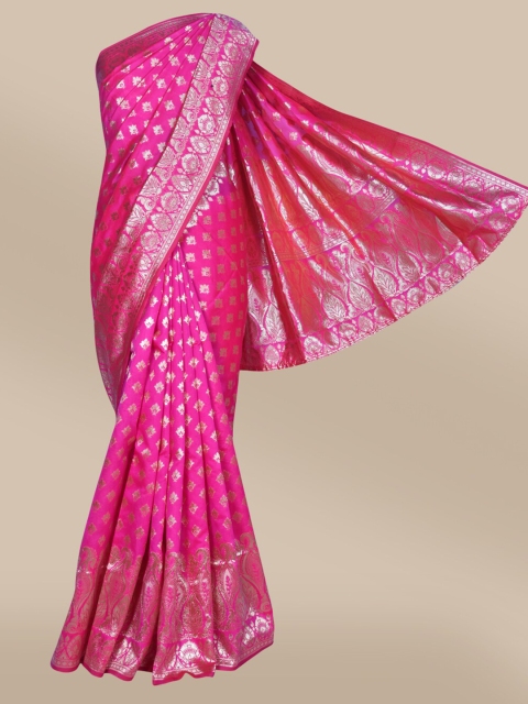 

The Chennai Silks Pink & Silver-Toned Ethnic Motifs Zari Art Silk Fusion Banarasi Saree