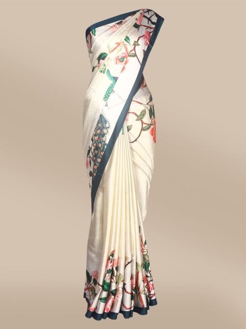 

The Chennai Silks Cream Blue Floral Printed Satin Saree