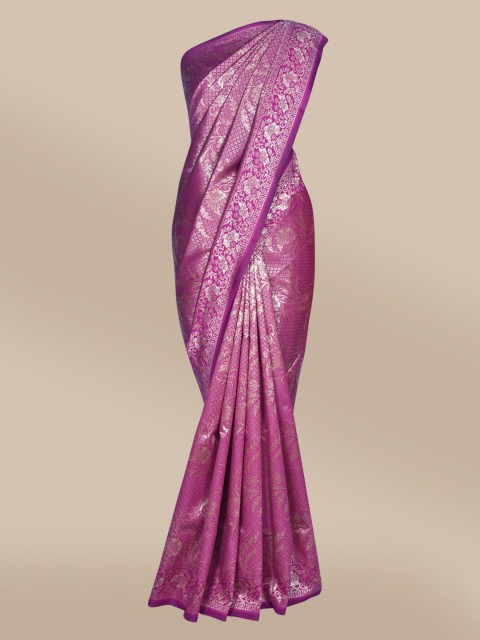 

The Chennai Silks Magenta & Silver-Toned Floral Zari Art Silk Fusion Banarasi Saree