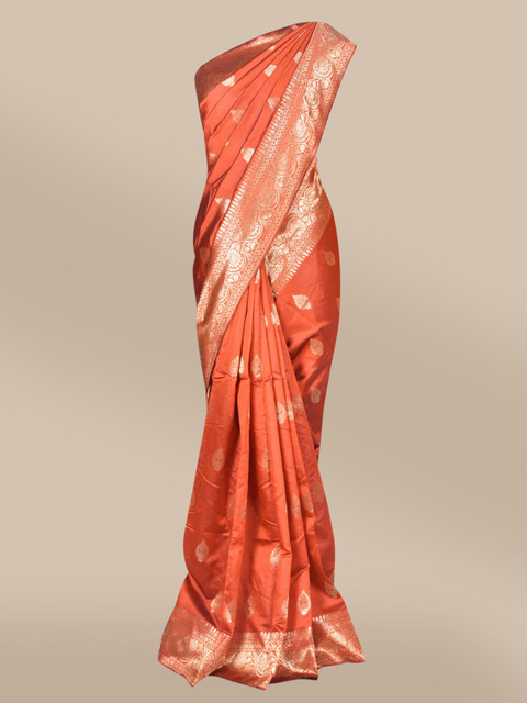

The Chennai Silks Orange & Silver-Toned Ethnic Motifs Zari Art Silk Fusion Banarasi Saree