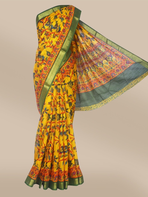 

The Chennai Silks Yellow & Green Floral Zari Fusion Bhagalpuri Saree