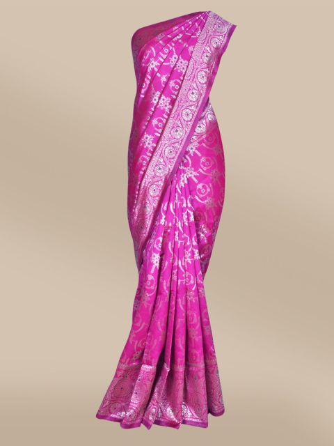 

The Chennai Silks Pink & Silver-Toned Floral Zari Art Silk Fusion Banarasi Saree