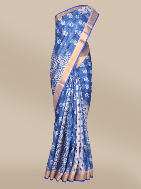 

The Chennai Silks Blue & White Batik Zari Linen Blend Fusion Saree