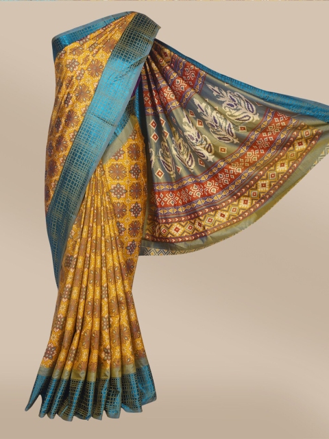 

The Chennai Silks Yellow & Blue Ethnic Motifs Printed Polyester Fusion Saree