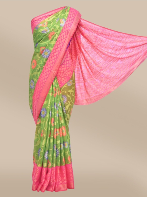 

The Chennai Silks Green & Pink Floral Printed Brasso Saree