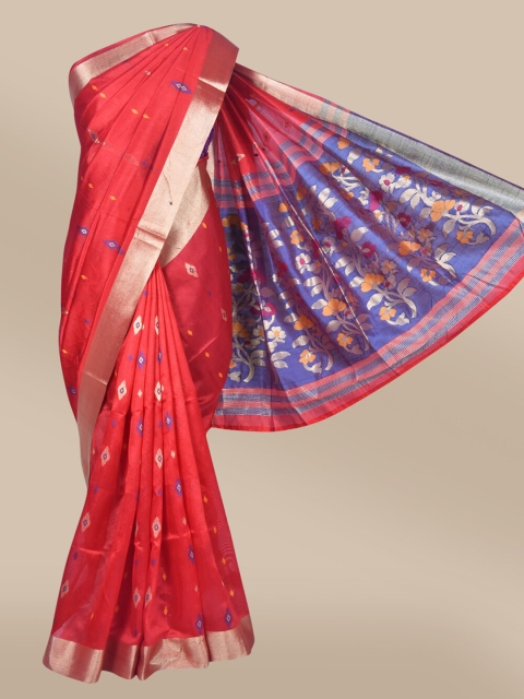 

The Chennai Silks Red & Blue Ethnic Motifs Zari Jute Cotton Saree