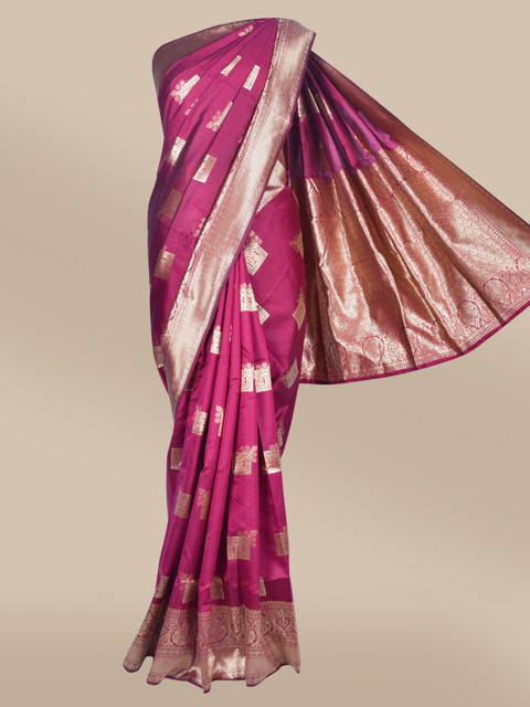 

The Chennai Silks Magenta & Gold-Toned Ethnic Motifs Zari Art Silk Fusion Banarasi Saree