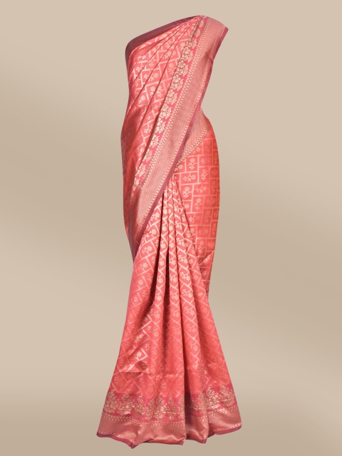 

The Chennai Silks Peach-Coloured & Gold-Toned Zari Art Silk Fusion Banarasi Saree