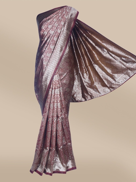 

The Chennai Silks Maroon & Silver-Toned Floral Zari Art Silk Fusion Banarasi Saree