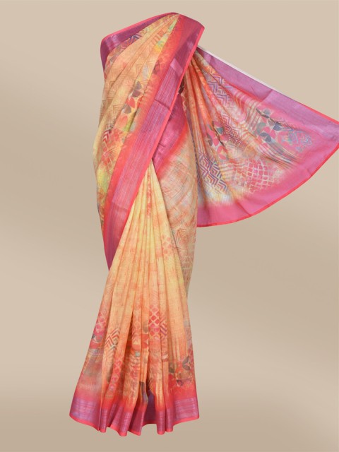

The Chennai Silks Orange & Pink Tie and Dye Linen Blend Fusion Saree