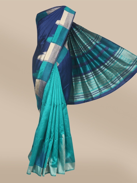 

The Chennai Silks Blue & Gold-Toned Woven Design Zari Jute Cotton Fusion Saree
