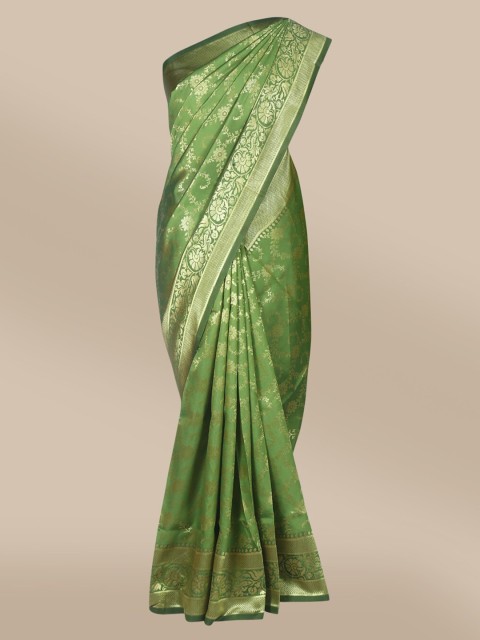 

The Chennai Silks Green & Gold-Toned Floral Zari Art Silk Fusion Banarasi Saree