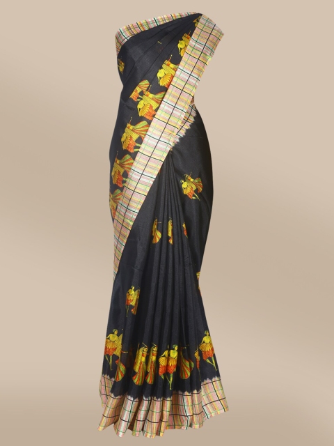 

The Chennai Silks Black & Yellow Floral Fusion Khadi Cotton Blend Saree